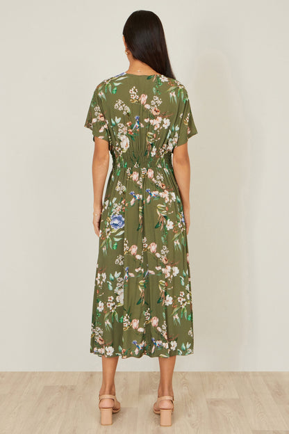 Sage Green Viscose Floral Print Midi Dress With Ruched Waist