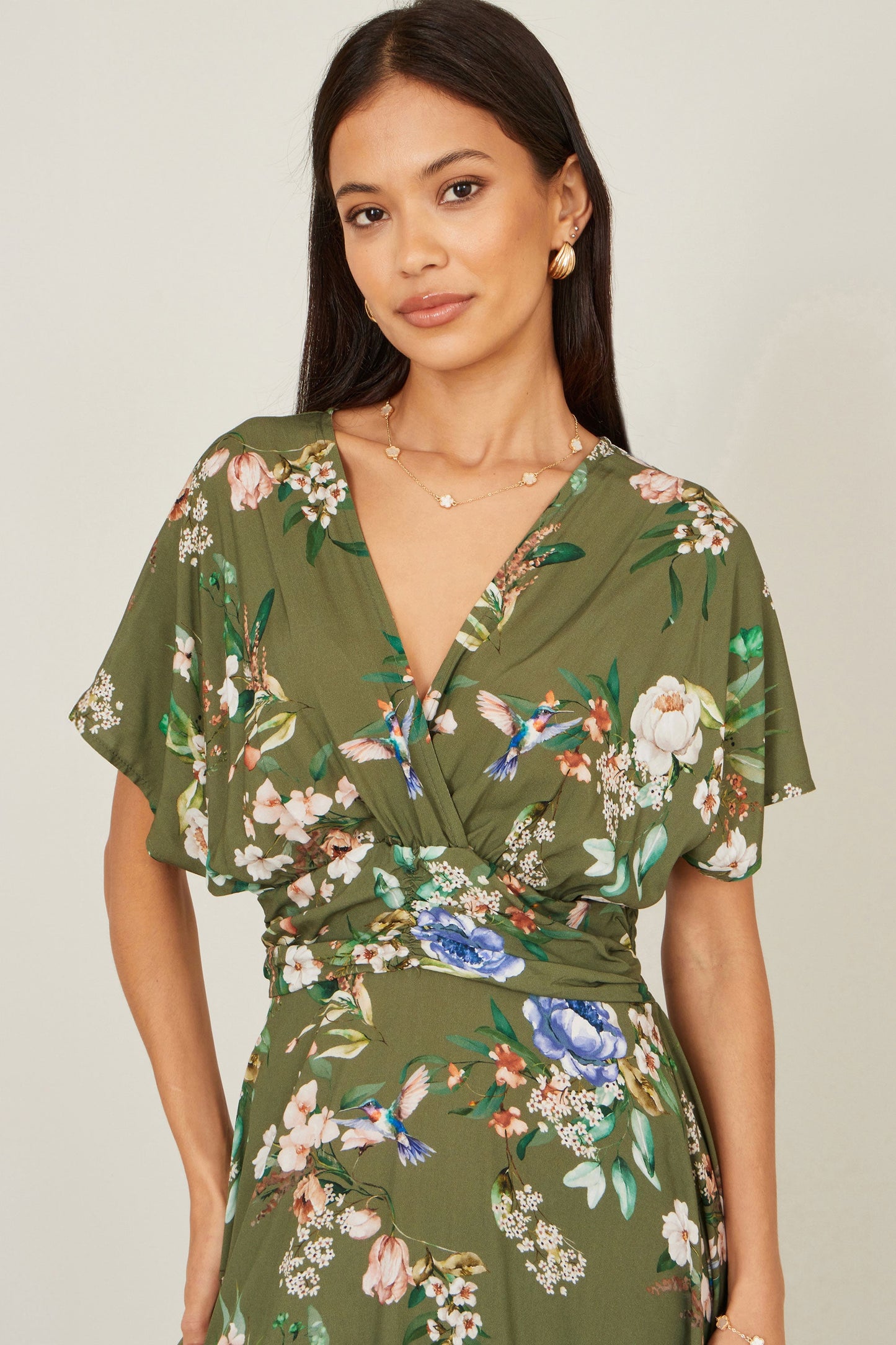 Sage Green Viscose Floral Print Midi Dress With Ruched Waist