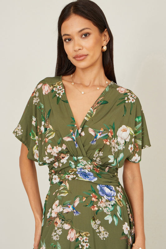 Sage Green Viscose Floral Print Midi Dress With Ruched Waist