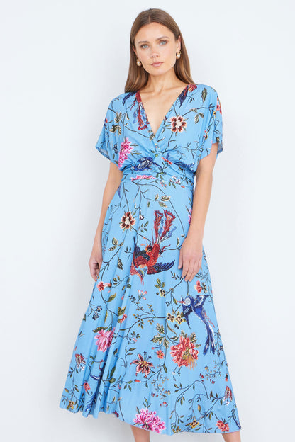 Blue Viscose Bird And Floral Print Midi Dress With Ruched Waist