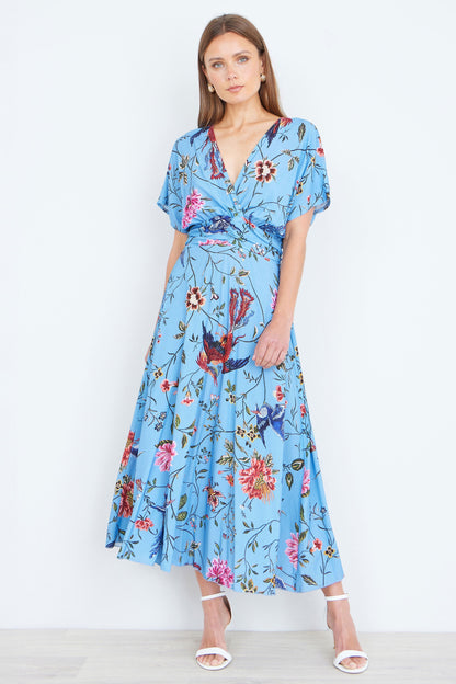 Blue Viscose Bird And Floral Print Midi Dress With Ruched Waist