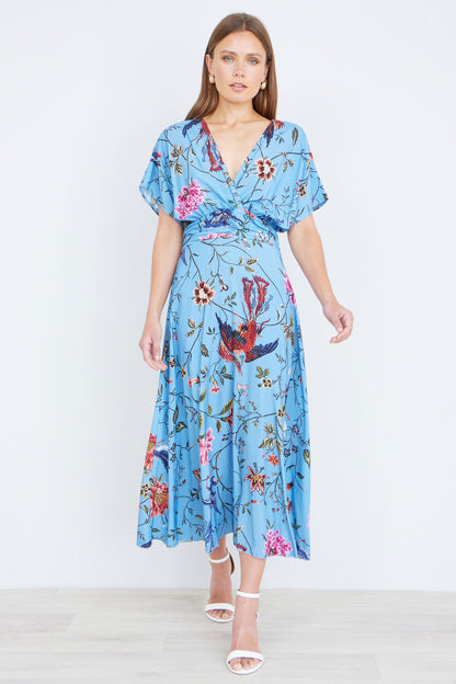 Blue Viscose Bird And Floral Print Midi Dress With Ruched Waist