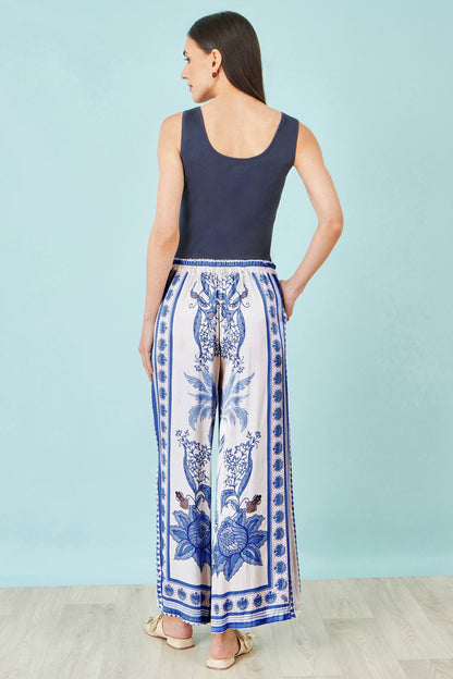Blue Satin Print Placement Relaxed Trousers