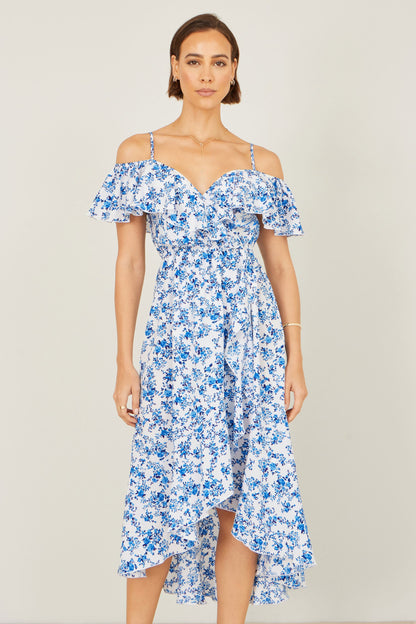Blue Floral Print Bardot Midi Dress With Dip Hem