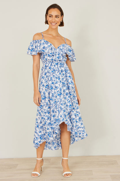 Blue Floral Print Bardot Midi Dress With Dip Hem
