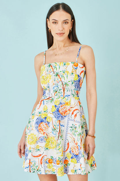 White Mediterranean Print Cotton Mini Sun Dress