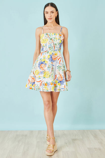 White Mediterranean Print Cotton Mini Sun Dress