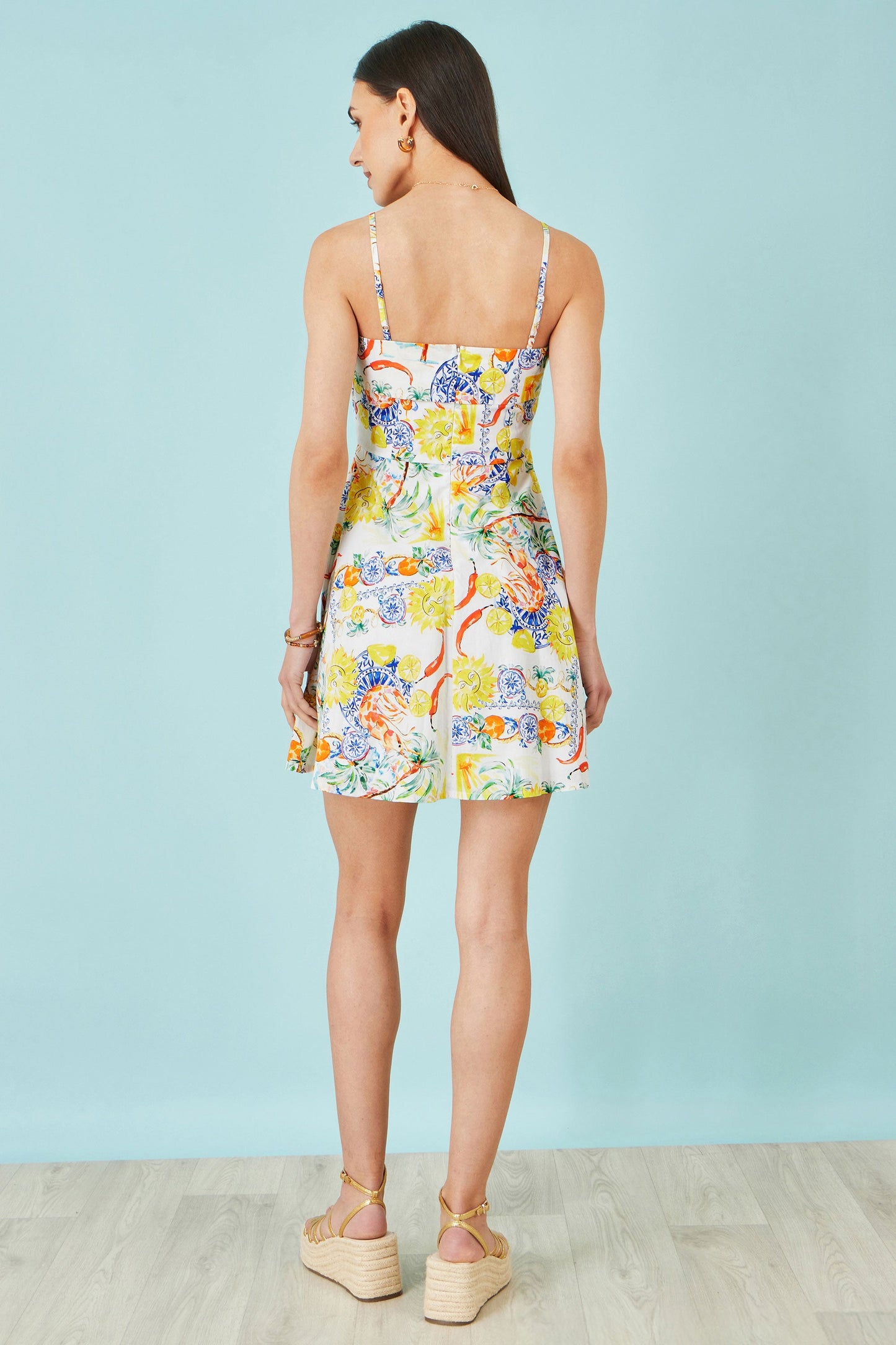 White Mediterranean Print Cotton Mini Sun Dress