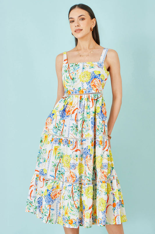 White Mediterranean Print Cotton Midi Sun Dress