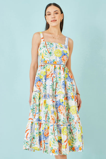 White Mediterranean Print Cotton Midi Sun Dress
