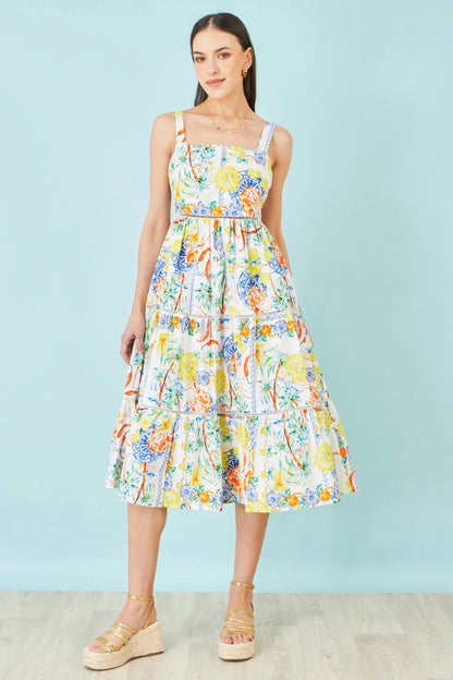 White Mediterranean Print Cotton Midi Sun Dress