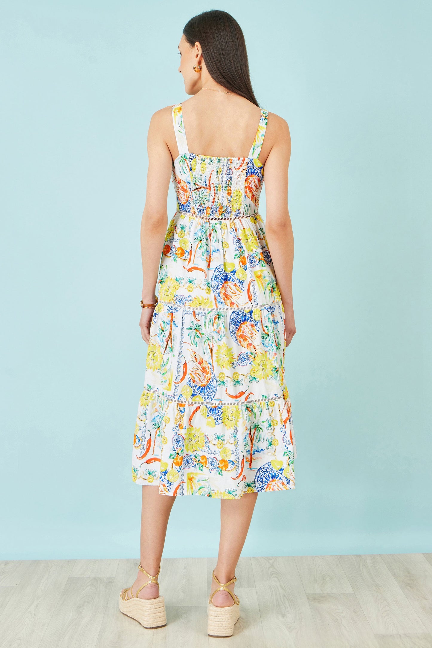 White Mediterranean Print Cotton Midi Sun Dress