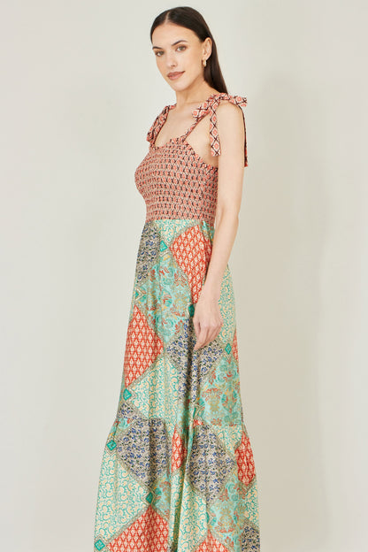 Multicolour Patchwork Ruched Smocked Maxi Sundress