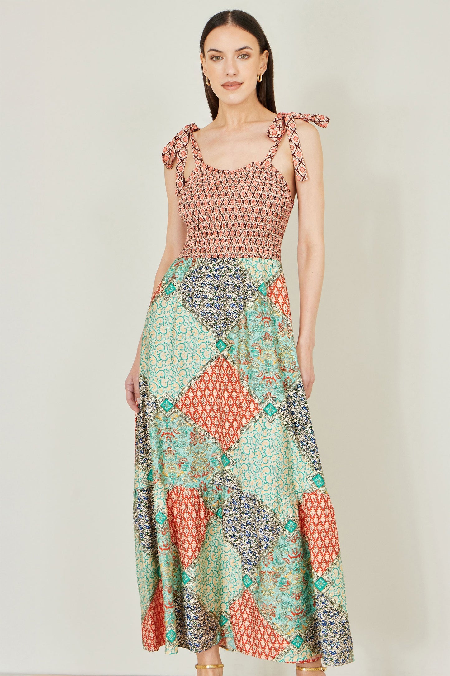 Multicolour Patchwork Ruched Smocked Maxi Sundress