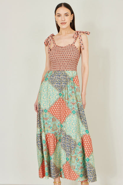 Multicolour Patchwork Ruched Smocked Maxi Sundress