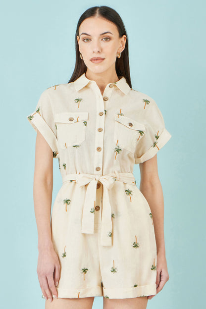 White Embroidered Palm Print Cotton Playsuit