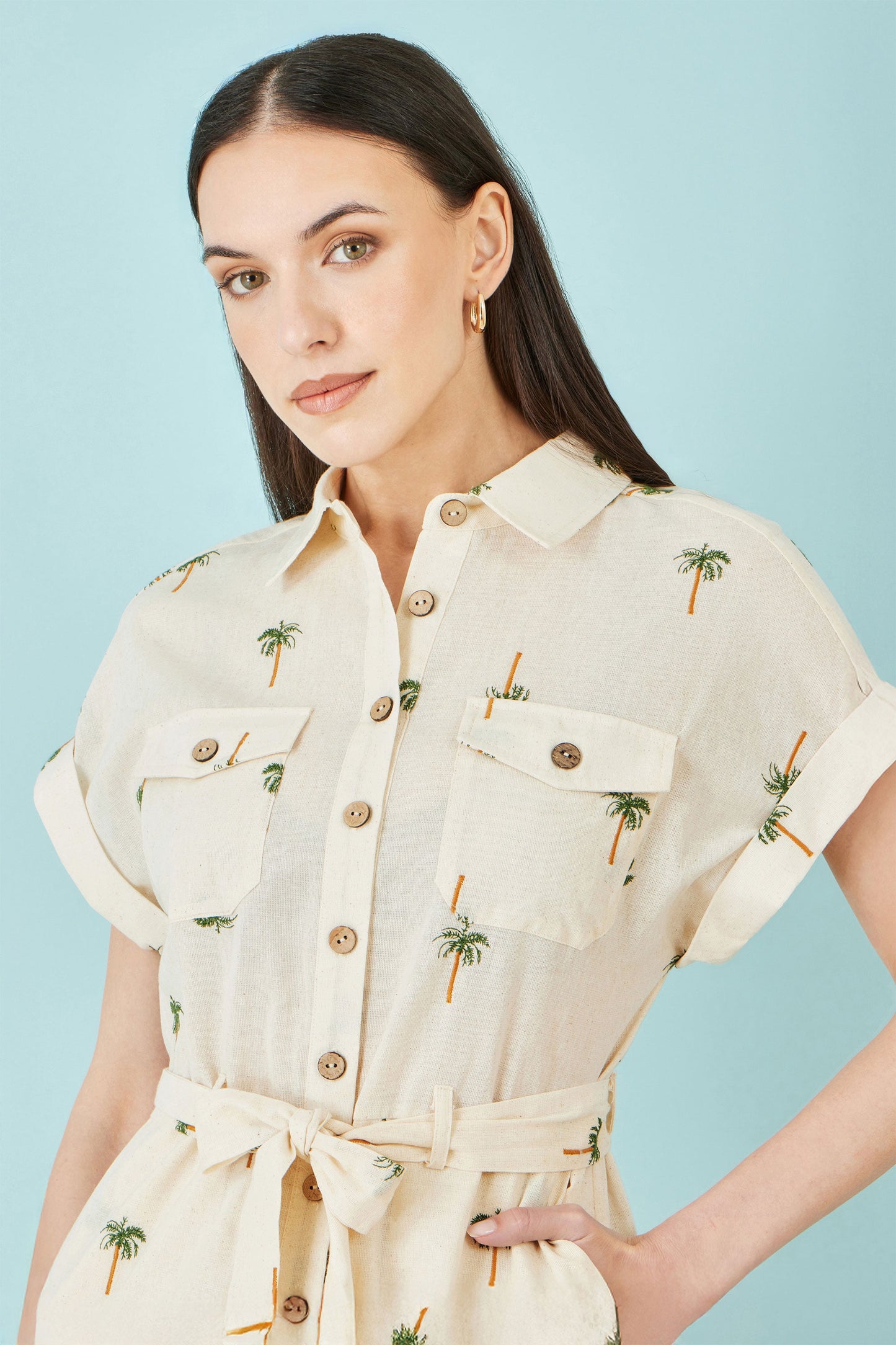 White Embroidered Palm Print Cotton Playsuit
