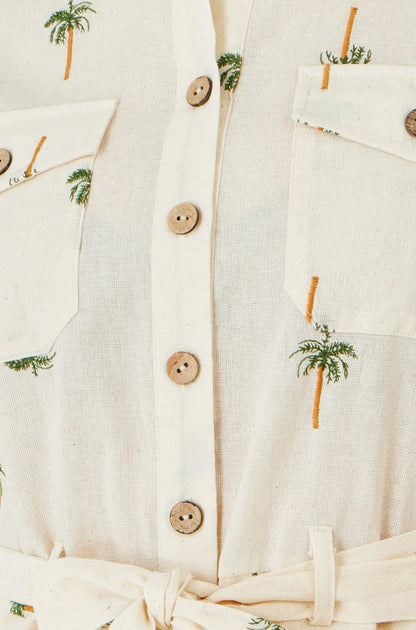 White Embroidered Palm Print Cotton Playsuit