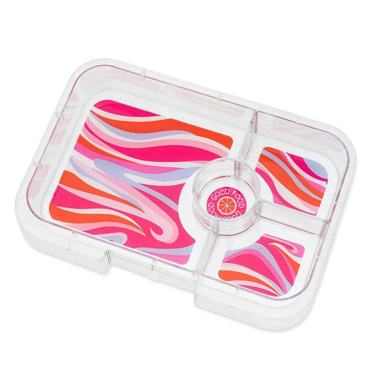Colorful swirled container with a clear lid on a white background