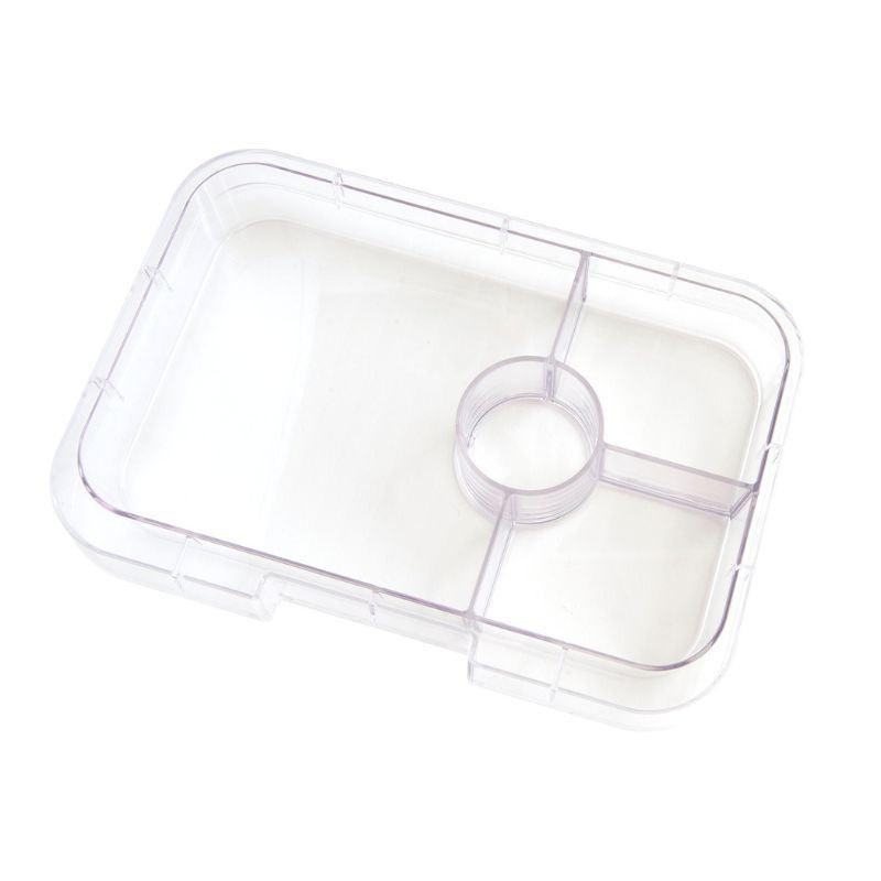 Clear plastic compartmentalized container on a white background