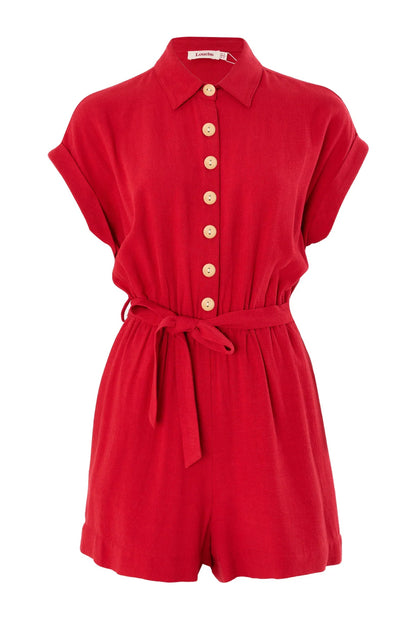 Addie Linen Mix Red Playsuit - Bascora