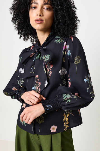 Aditi Flower Press Print Tie Neck Blouse - Multi Colour - Bascora