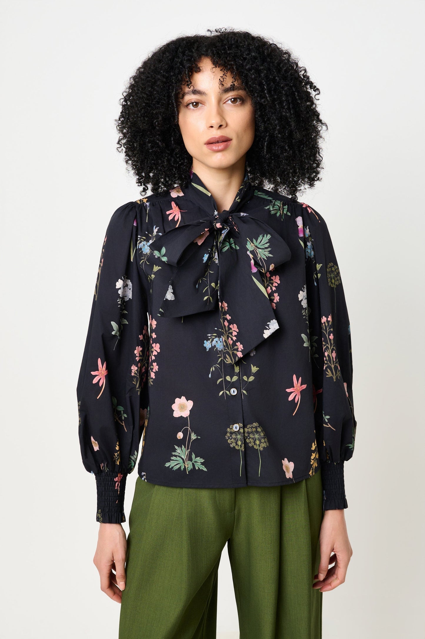 Aditi Flower Press Print Tie Neck Blouse - Multi Colour - Bascora