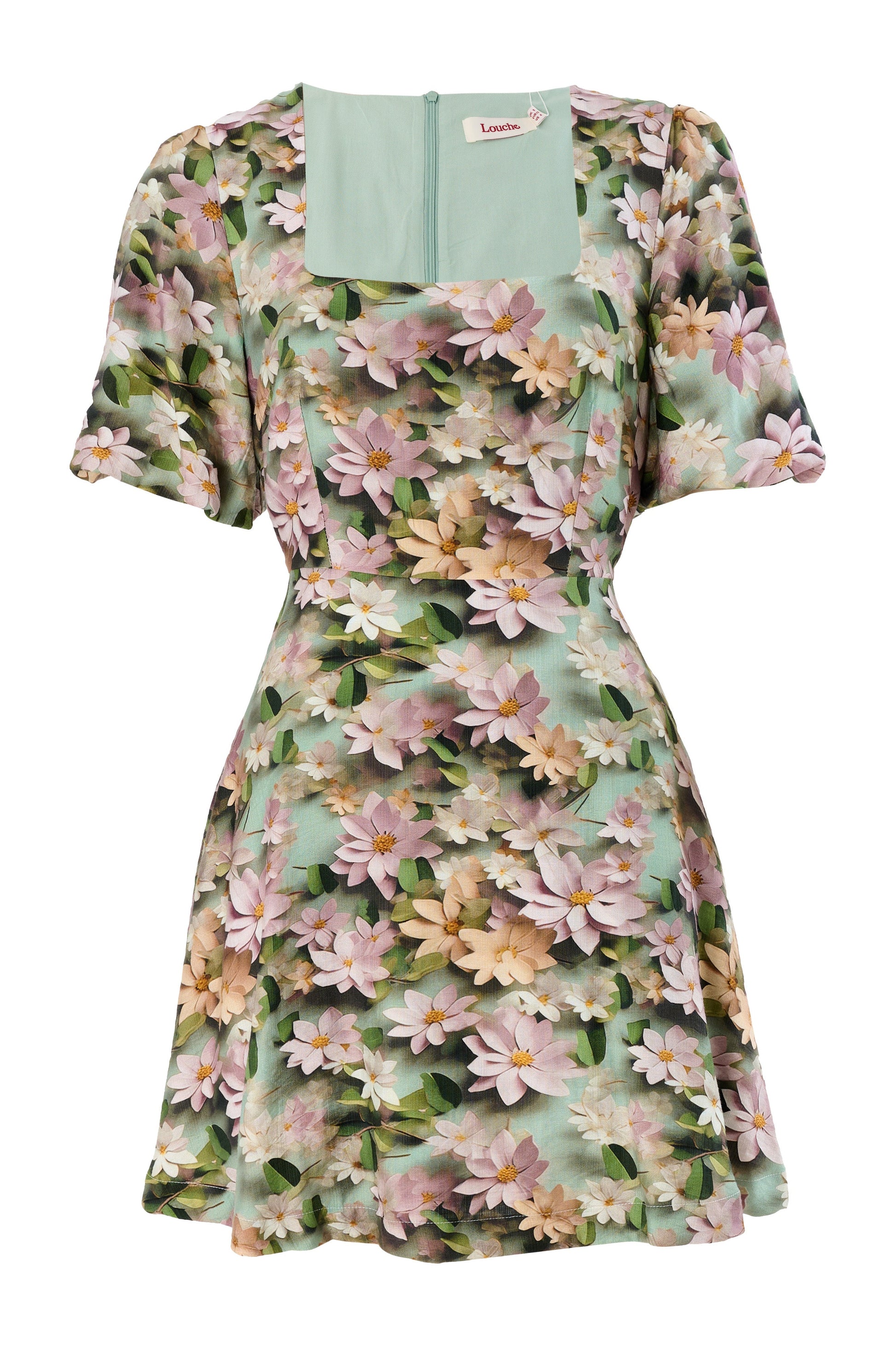 Agata 3D Daisy Print Mini Dress - Green - Bascora