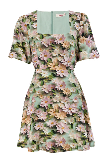 Agata 3D Daisy Print Mini Dress - Green - Bascora