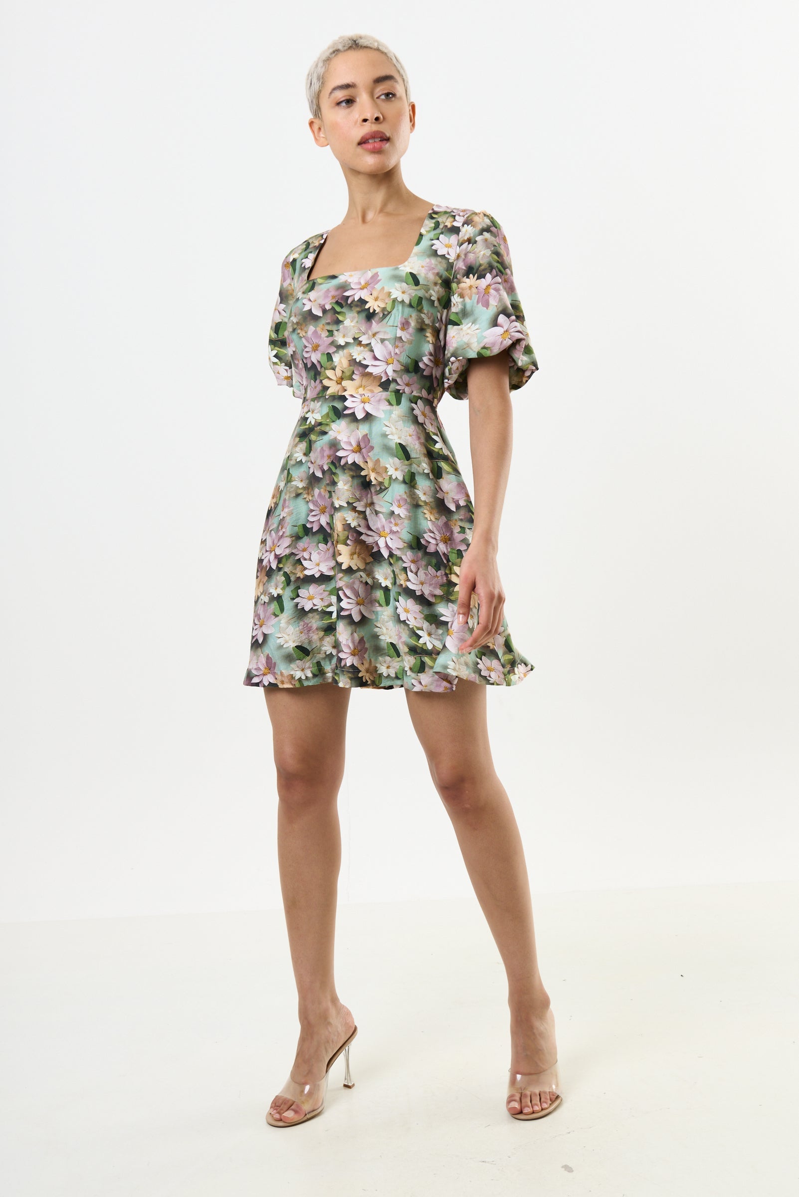 Agata 3D Daisy Print Mini Dress - Green - Bascora