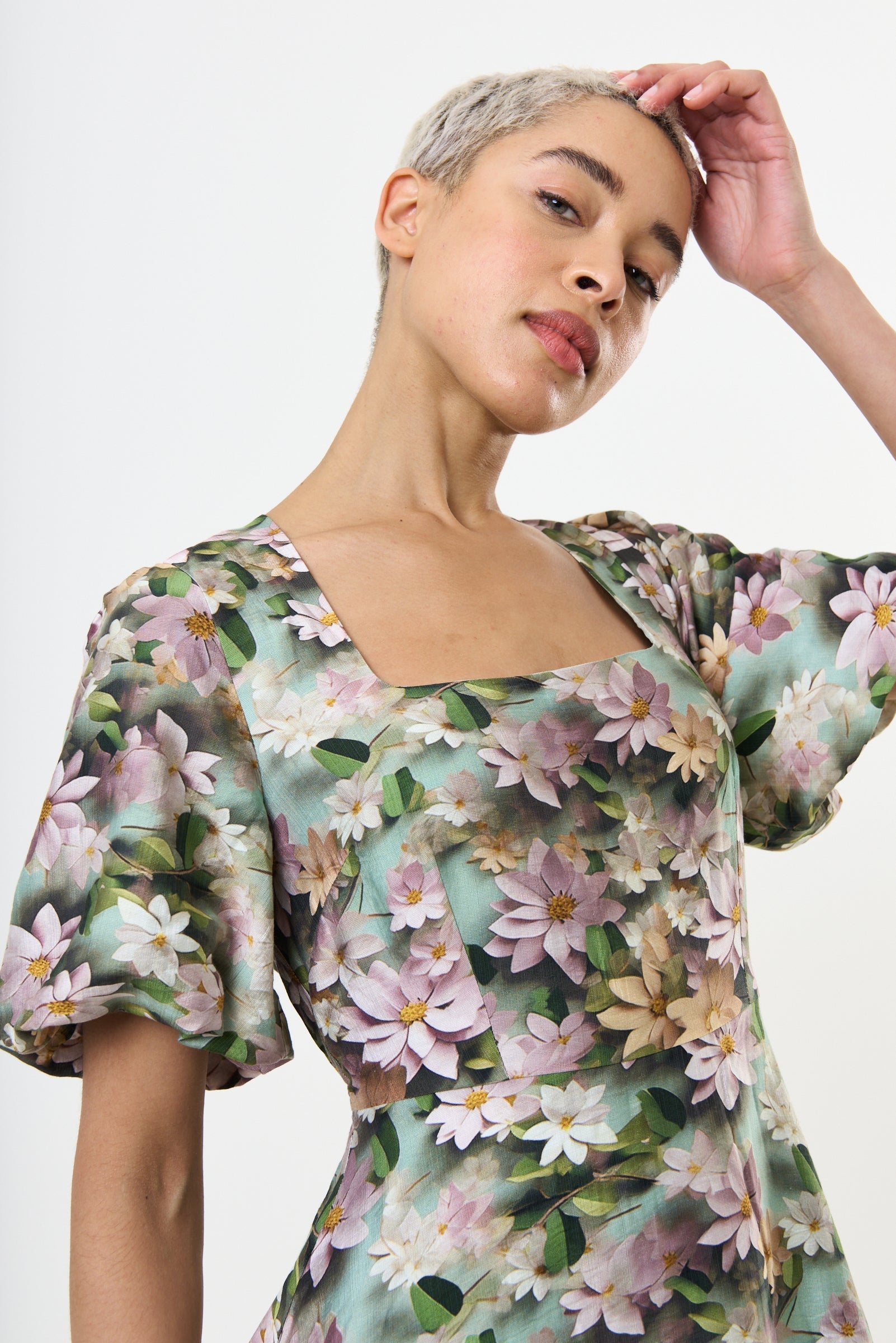 Agata 3D Daisy Print Mini Dress - Green - Bascora