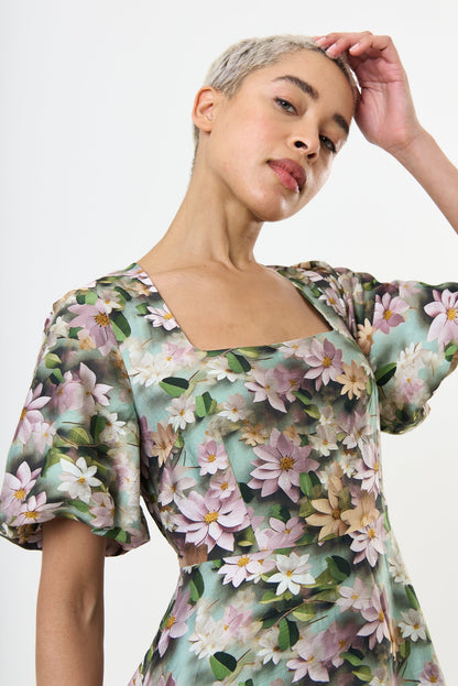 Agata 3D Daisy Print Mini Dress - Green - Bascora