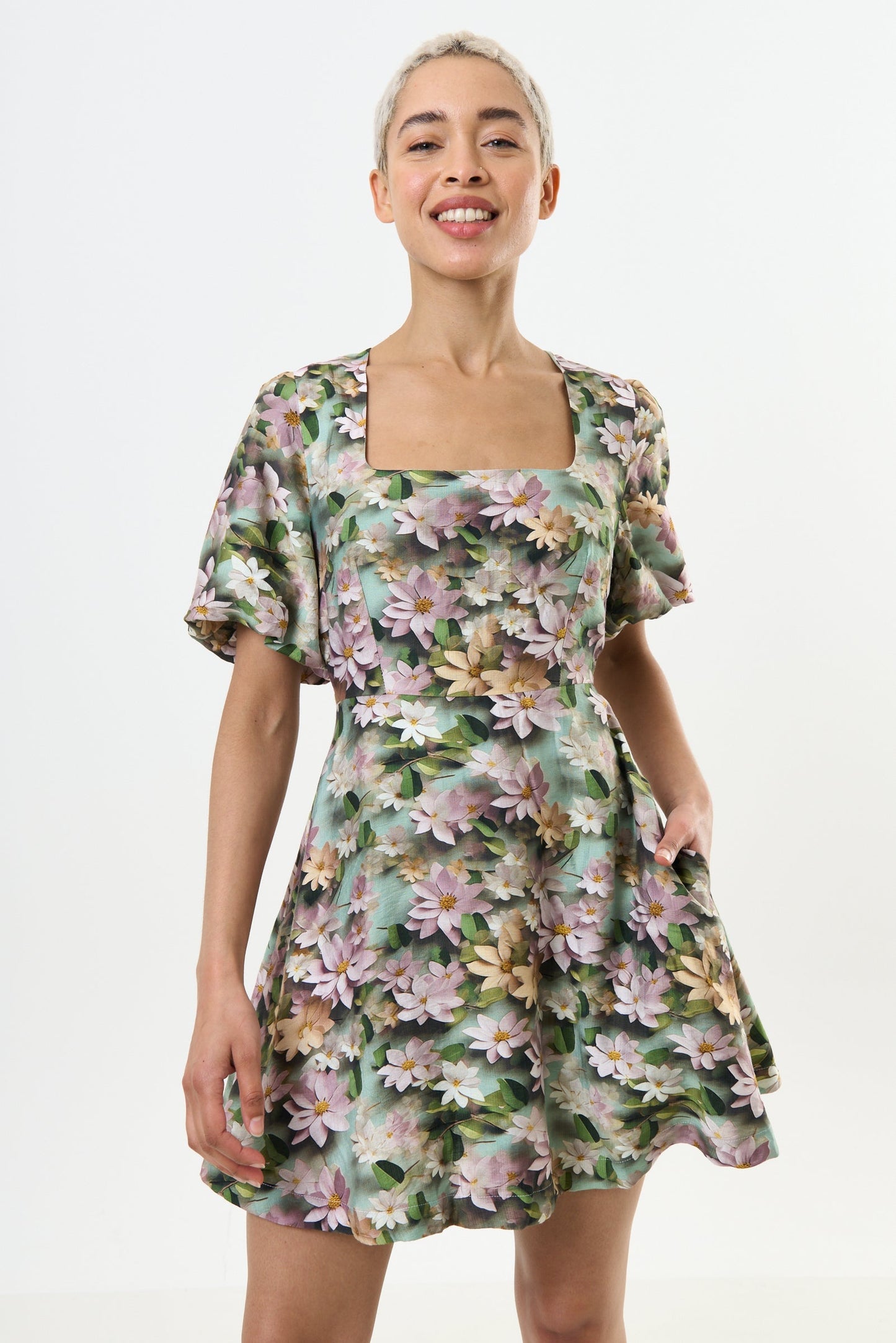 Agata 3D Daisy Print Mini Dress - Green - Bascora