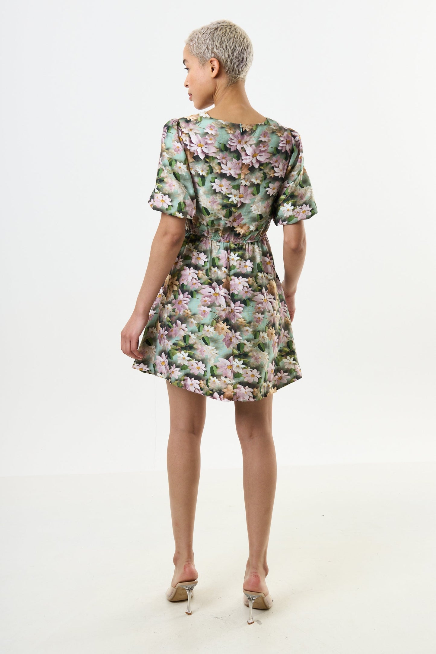 Agata 3D Daisy Print Mini Dress - Green - Bascora