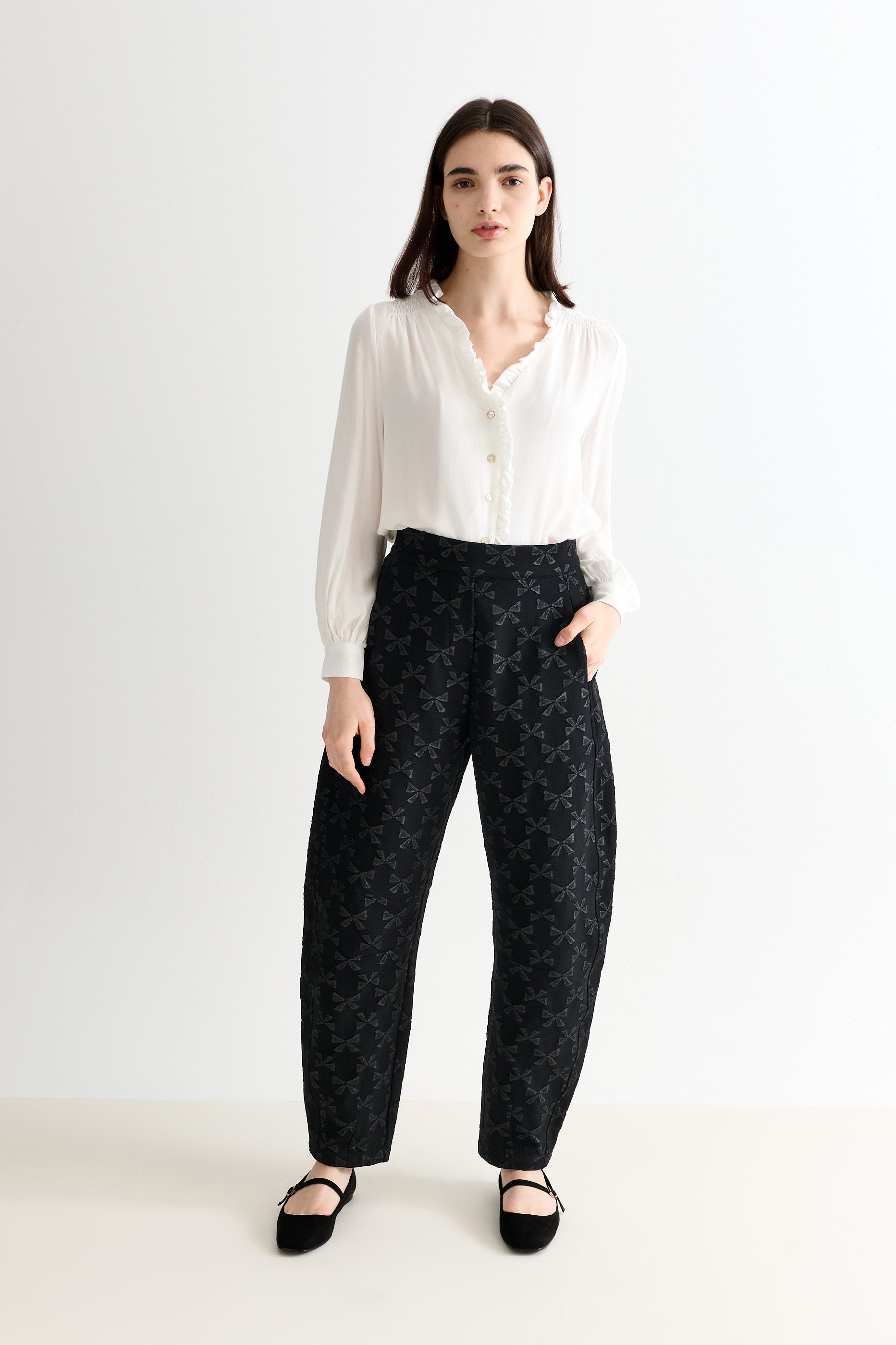 Alegra Moss Crepe Frill V-Neck Blouse - Bascora