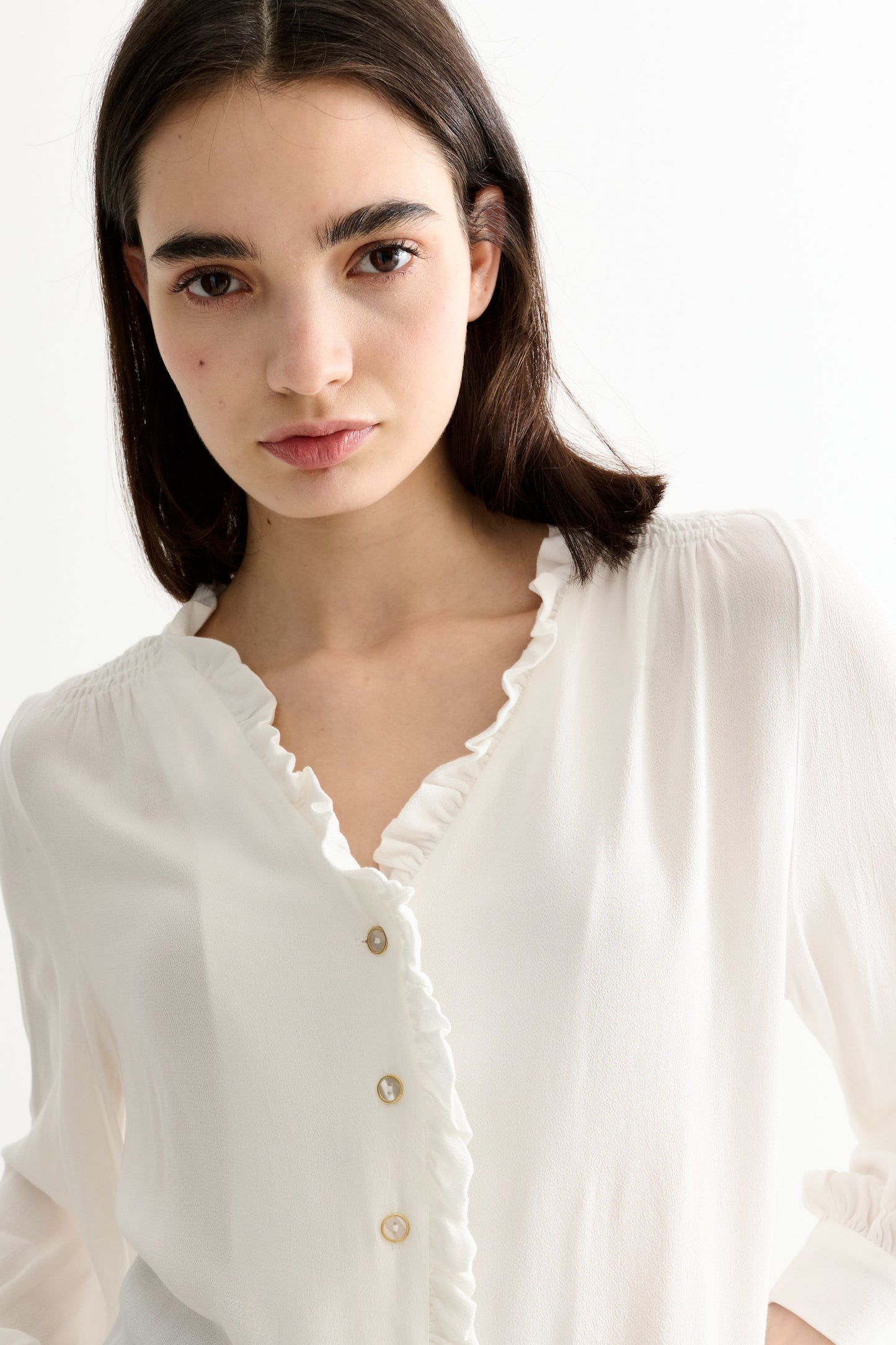 Alegra Moss Crepe Frill V-Neck Blouse - Bascora
