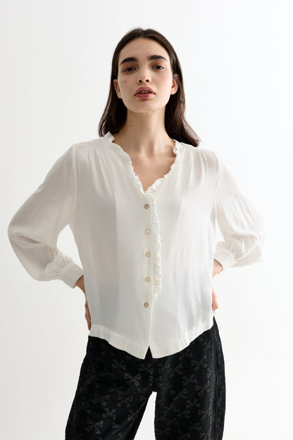 Alegra Moss Crepe Frill V-Neck Blouse - Bascora