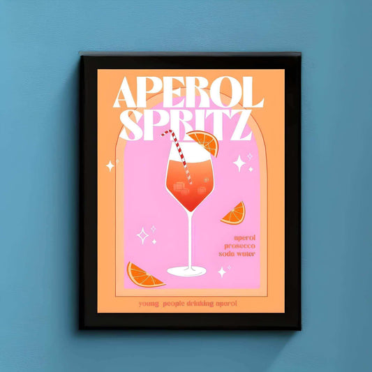Framed poster of Aperol Spritz cocktail on a blue wall