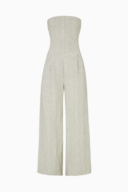 Beige strapless jumpsuit on a white background
