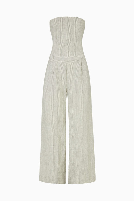 Beige strapless jumpsuit on a white background