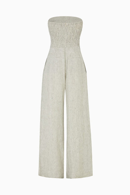 The Maggie Bandeau Jumpsuit in striped olive green