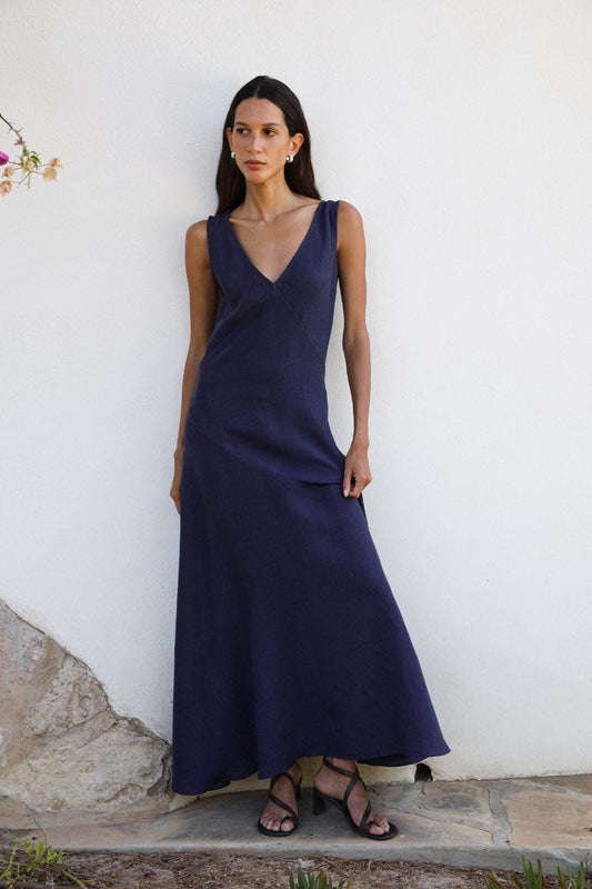 The Athena Maxi Dress in navy blue