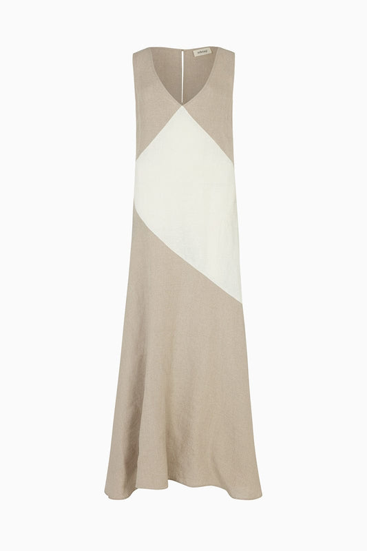 The Athena Maxi Dress in oatmeal and off-white