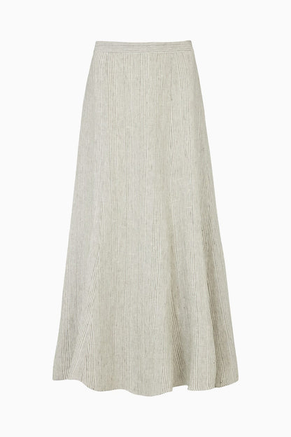 The Arabella Bias-Cut Maxi Skirt in striped olive green