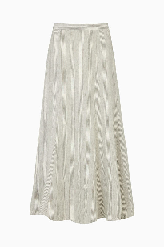 The Arabella Bias-Cut Maxi Skirt in striped olive green