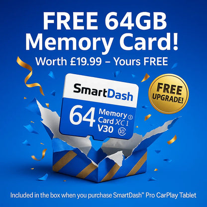 SmartDash 64GB memory card with promotional text on a blue background