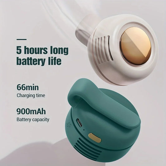 Teal and white electronic device with charging time and battery capacity information on a light gray background