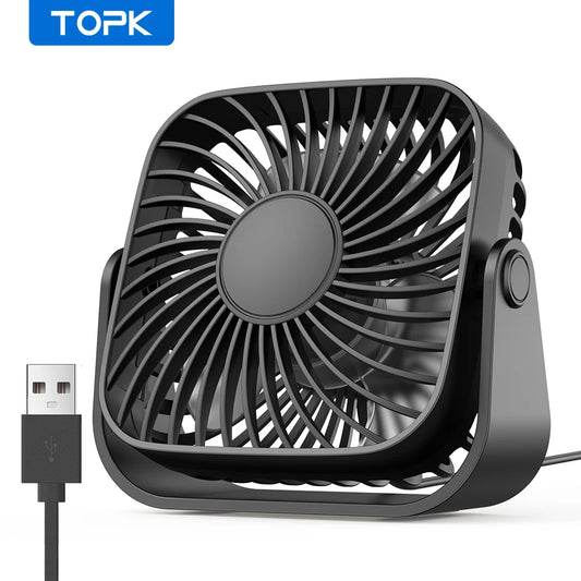 Black portable USB fan with a visible TOPK logo on a white background
