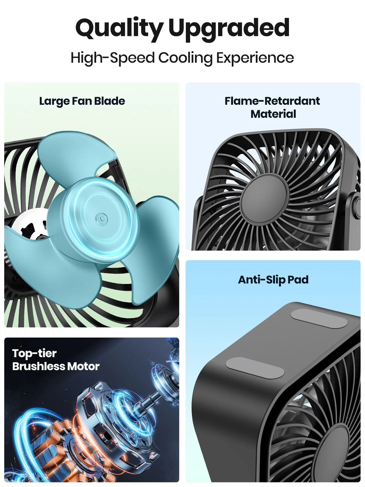 Collage of a portable fan with features highlighted on a white background