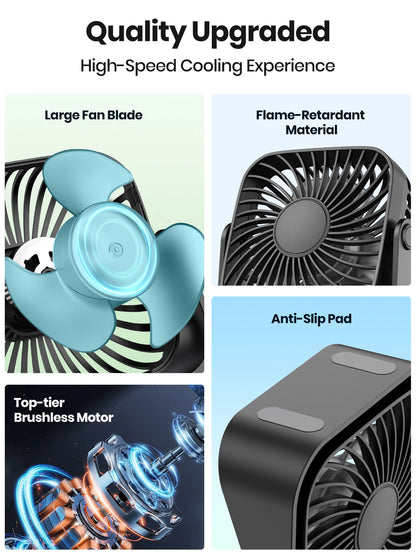 Collage of a portable fan with features highlighted on a white background